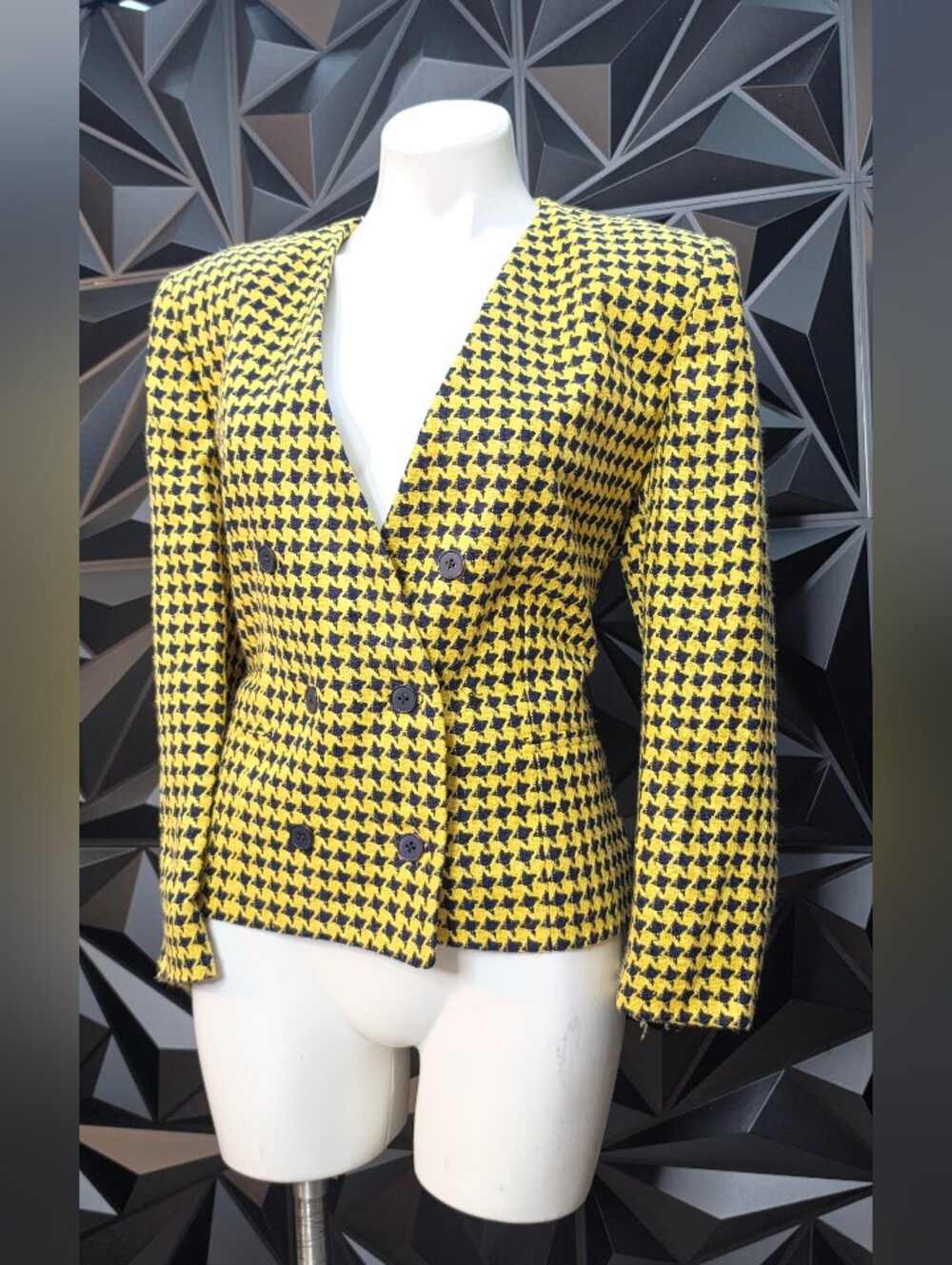 Women's Yellow & Black Houndstooth Double-Breasted Blazer